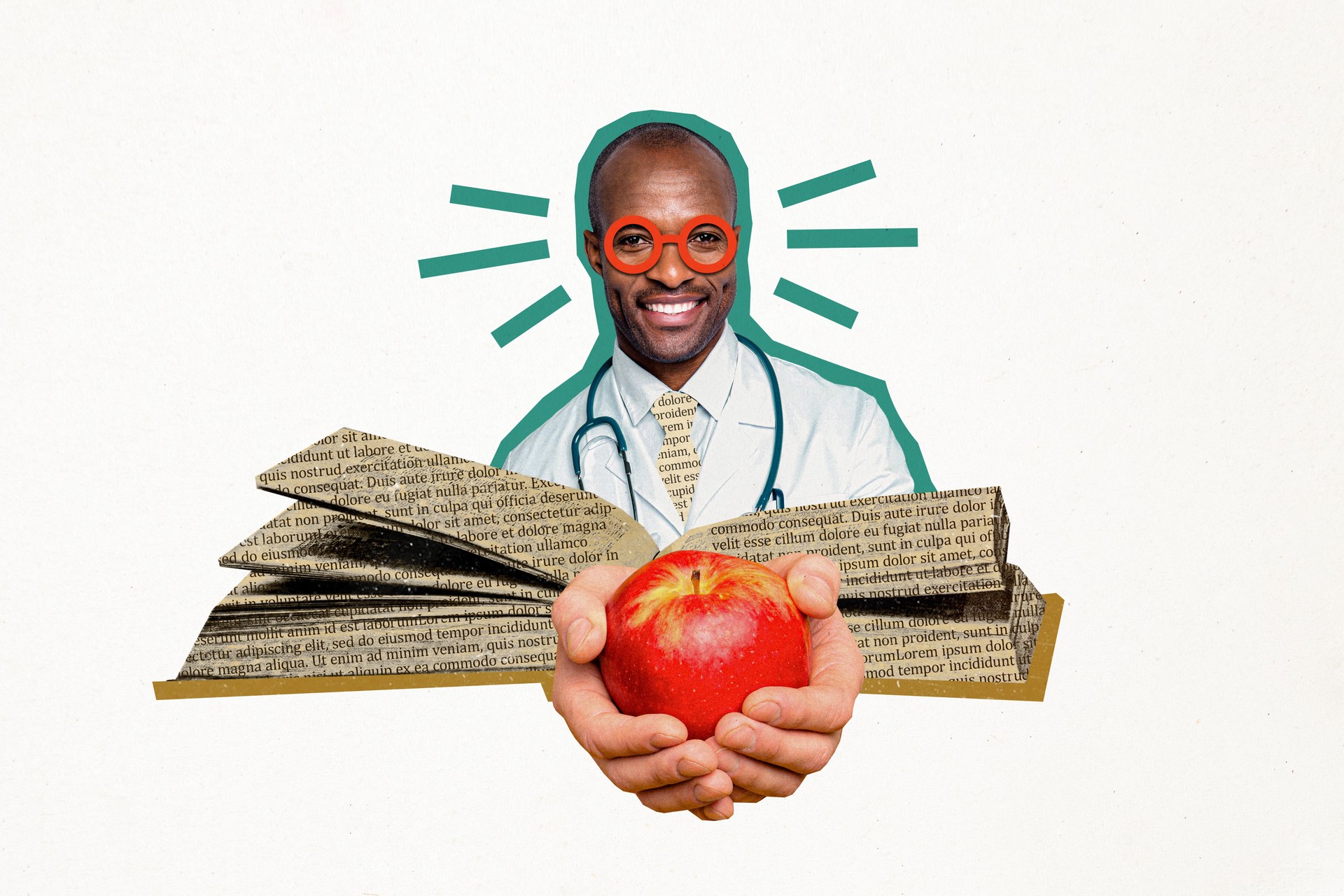 Composite photo collage of happy smile american doctor hold apple open book science nutritionist detox food isolated on painted background